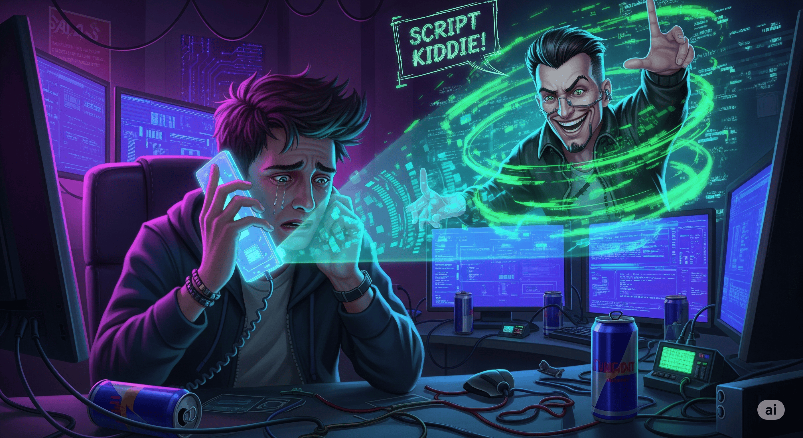 Cyberpunk hacker transforming from script kiddie to cyber Jedi
